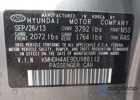 2013 Hyundai Elantra Gls из США, поврежденный, VIN KMHDH4AE9DU988112